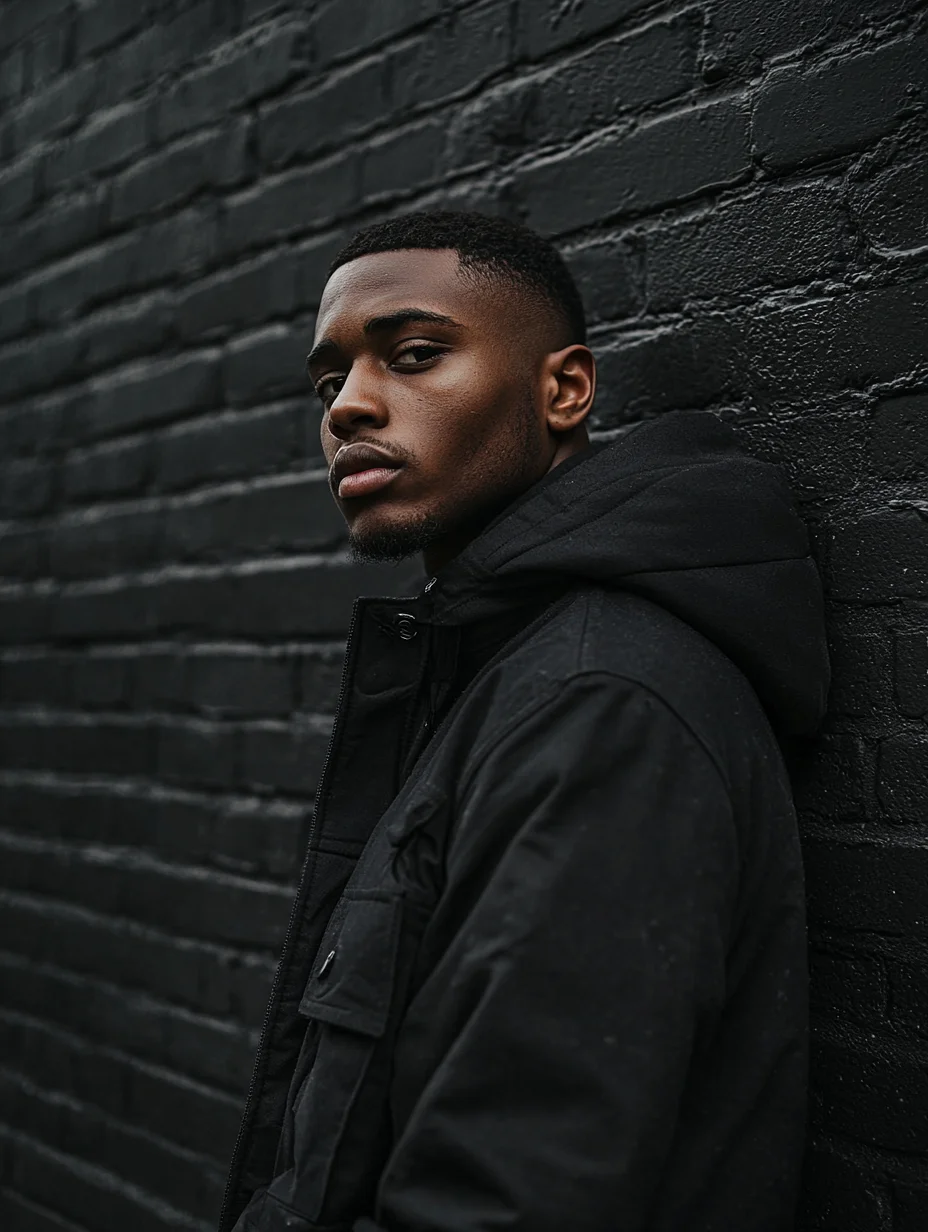 Man with a fresh textured crop and skin fade against a black brick wall in Norwich