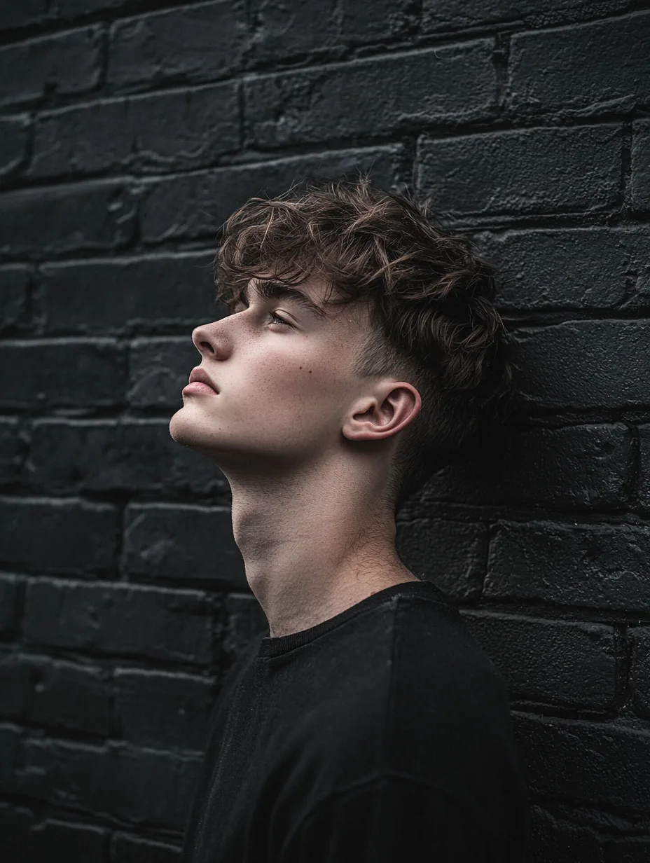 Man with a fresh curly crop and skin fade against a black brick wall